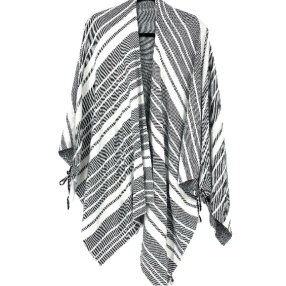 TALBOTS Women's Black/White Striped Open Front Poncho Sweater, One Size Fits All - Picture 2 of 8